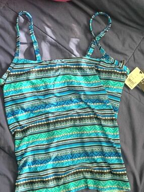 Striped Teal & Black Women’s Swim Tank Top with Adjustable Straps